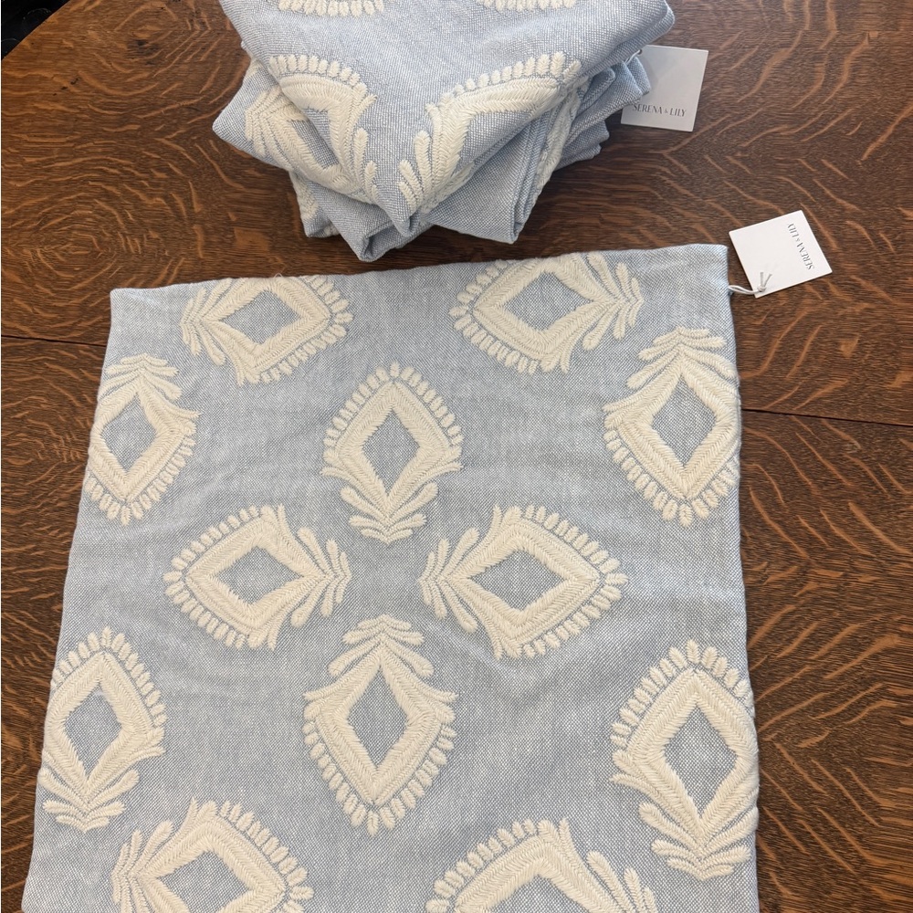 Serena & Lily Light Blue Cotton Table Runner with Cream Embroidery